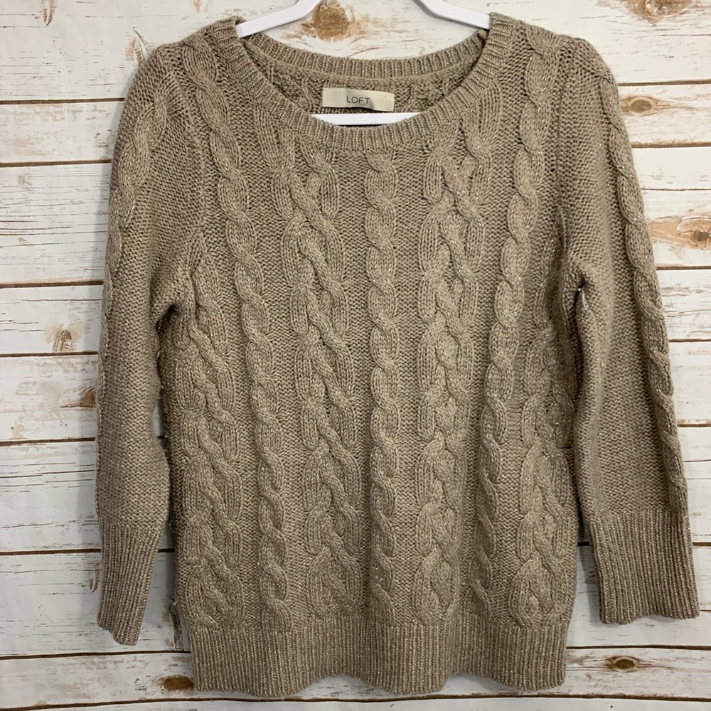 Loft Cable Knit Silver Sparkle Scoopneck S…